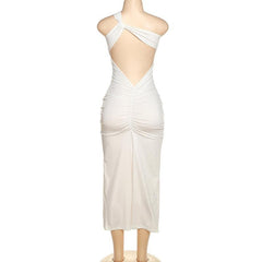 Ruched solid irregular one shoulder backless maxi dress  | red tango dress