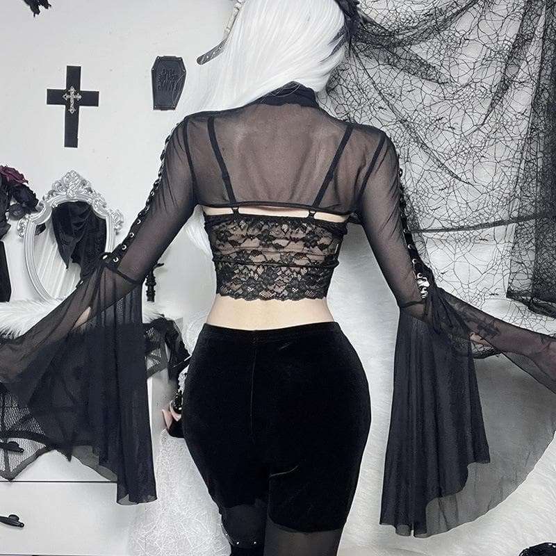Flared sleeve o ring sheer mesh lace up shrug high neck top