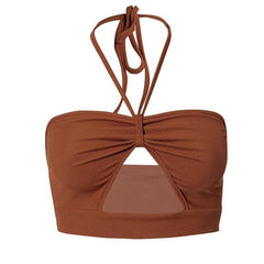 Hollow out ruched halter ribbed crop cut out top