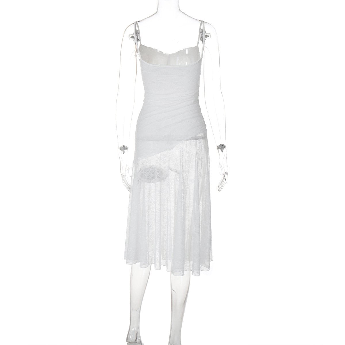 Lace ruched see through cami midi dress