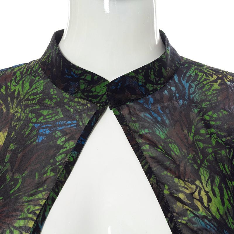 Short sleeve hollow out slit butterfly print see through midi dress