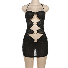 Sheer mesh halter self tie hollow out ruched mini dress  | samba dress