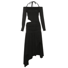 Halter long sleeve off shoulder hollow out maxi dress