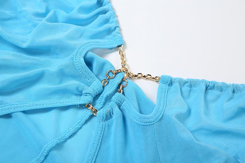 Metal chain halter ruched sheer mesh hollow out maxi dress  | samba dress