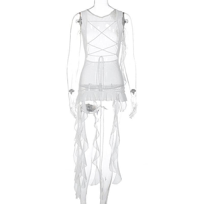 Sleeveless solid cross back sheer mesh see through ruffle flower applique top