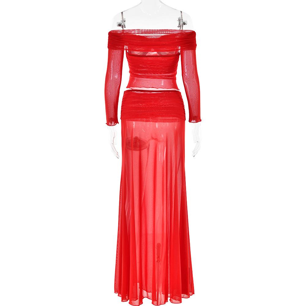 Long sleeve off shoulder sheer mesh maxi skirt set