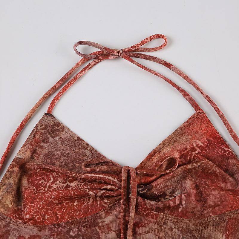 Halter abstract ruched self tie mesh top