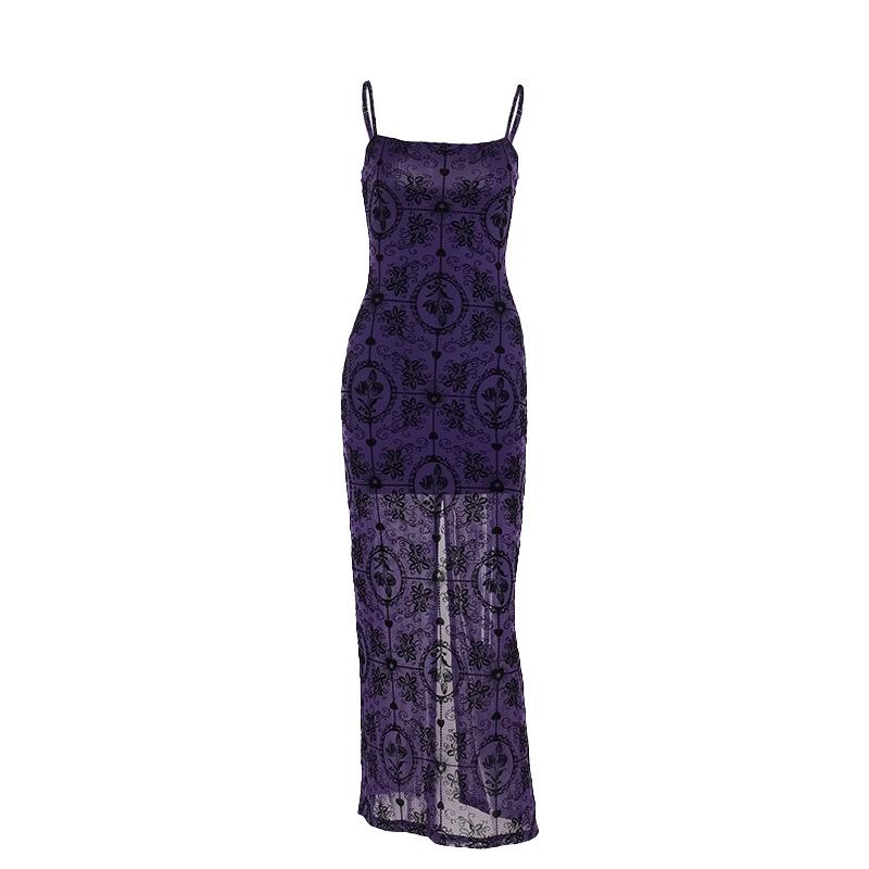 Mesh print slit cami maxi dress