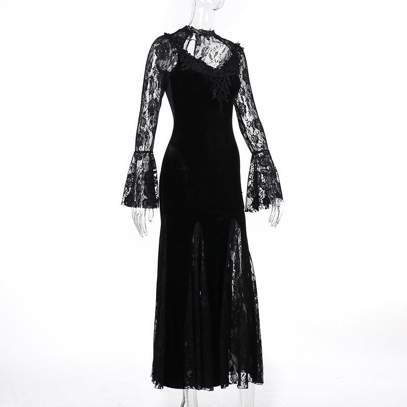 Long flared sleeve crewneck lace embroidery ruffle maxi dress  | red tango dress