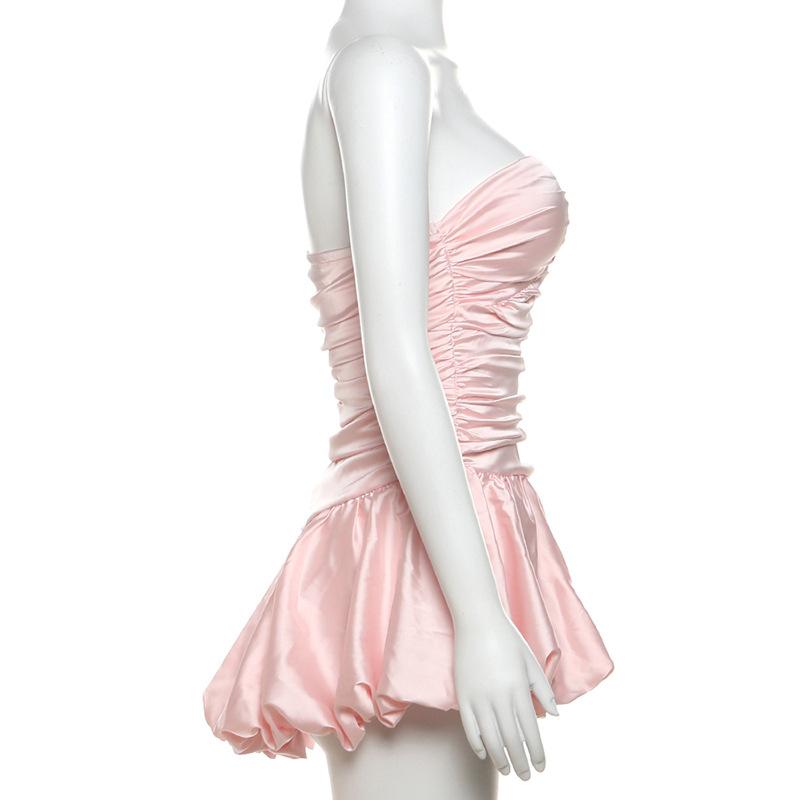 Ruched zip-up satin sweetheart neck backless mini dress