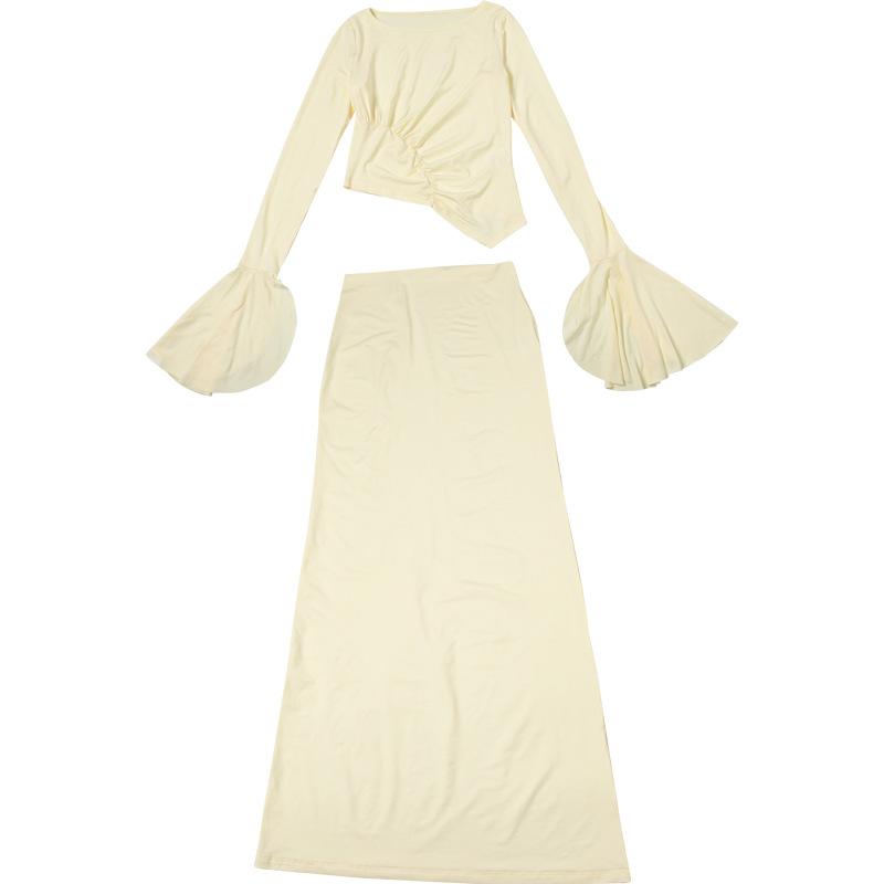 Long flared sleeve ruched maxi skirt set