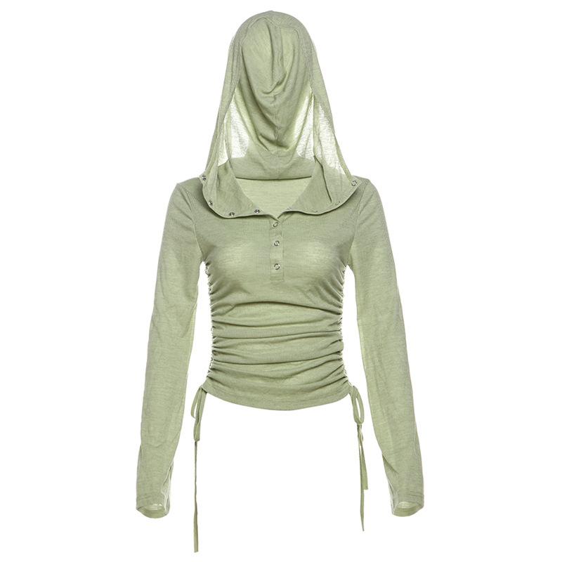 Hoodie long sleeve button drawstring ruched top