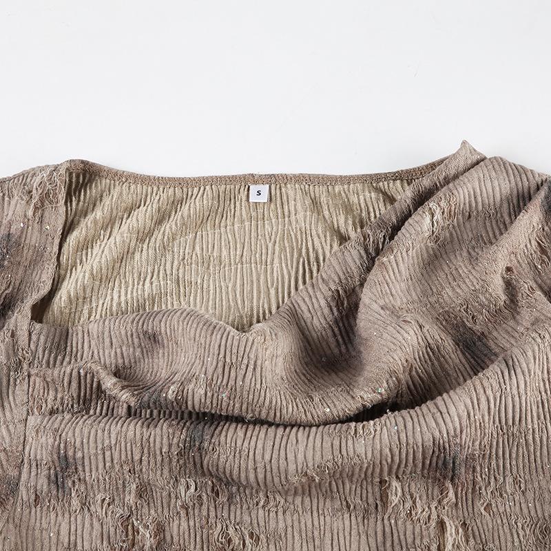 Long sleeve cowl neck ruched beaded top
