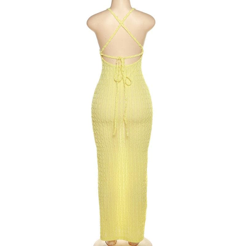 Cross back self tie backless u neck textured solid maxi dress  | red tango dress