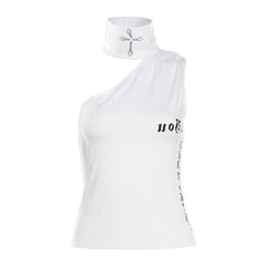 One shoulder irregular letter print sleeveless top