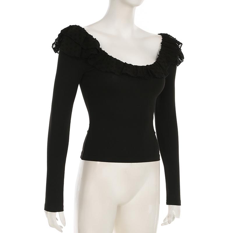 Long sleeve ruffle mesh patchwork top