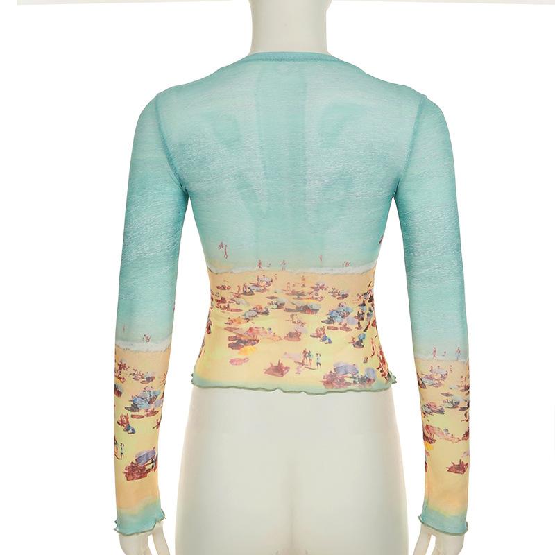 Long sleeve crewneck contrast mesh top