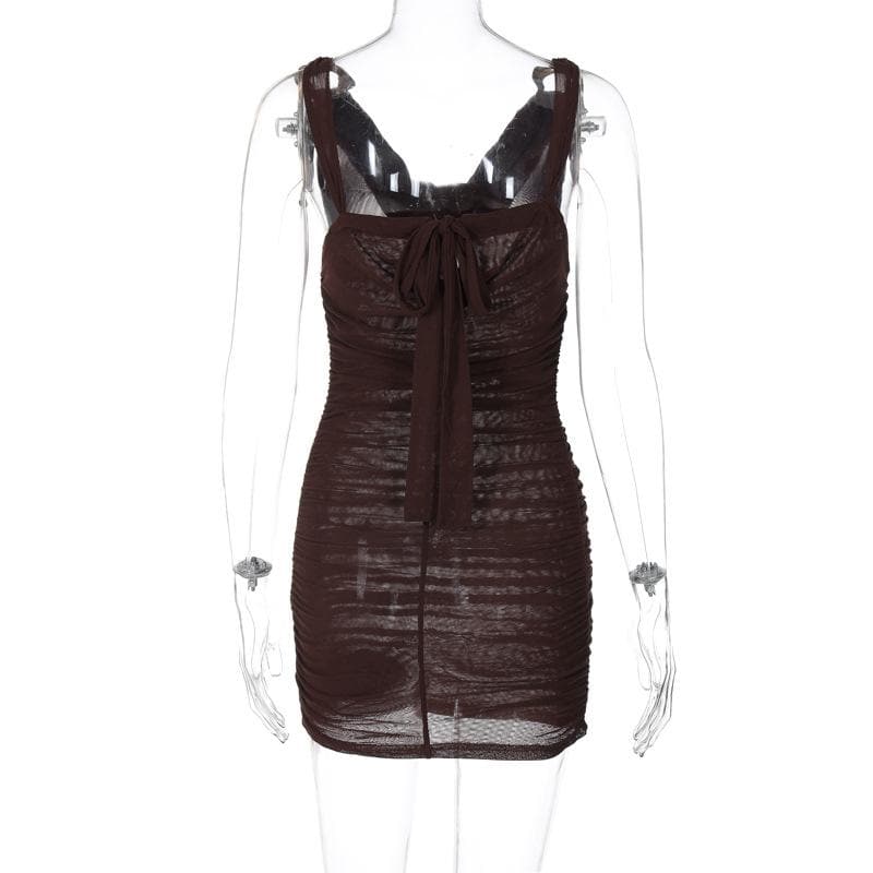 Cowl neck ruched o ring sheer mesh bowknot ribbon backless cami mini dress  | samba dress