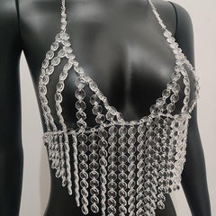 Halter crystal tassels beaded hollow out top