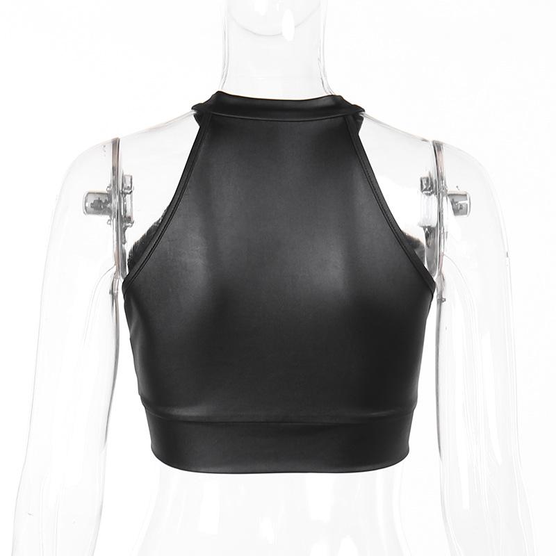 Sleeveless crewneck PU leather lace up zip-up crop top
