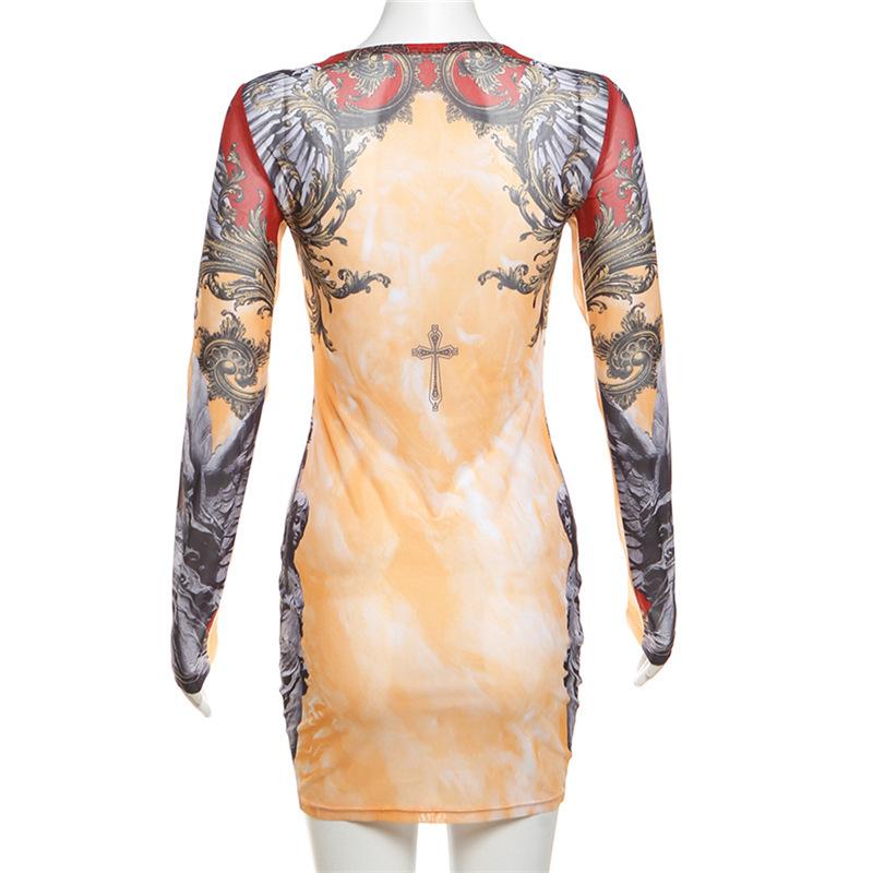 Long sleeve crewneck print sheer mesh mini dress  | samba dress