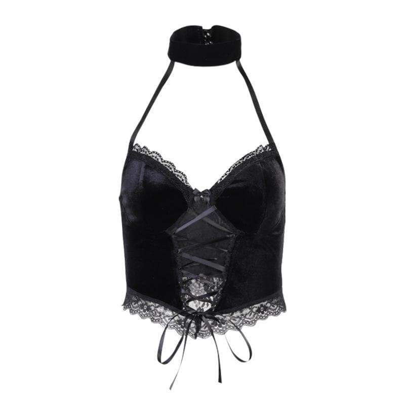 Velvet halter buttoned lace up crop top