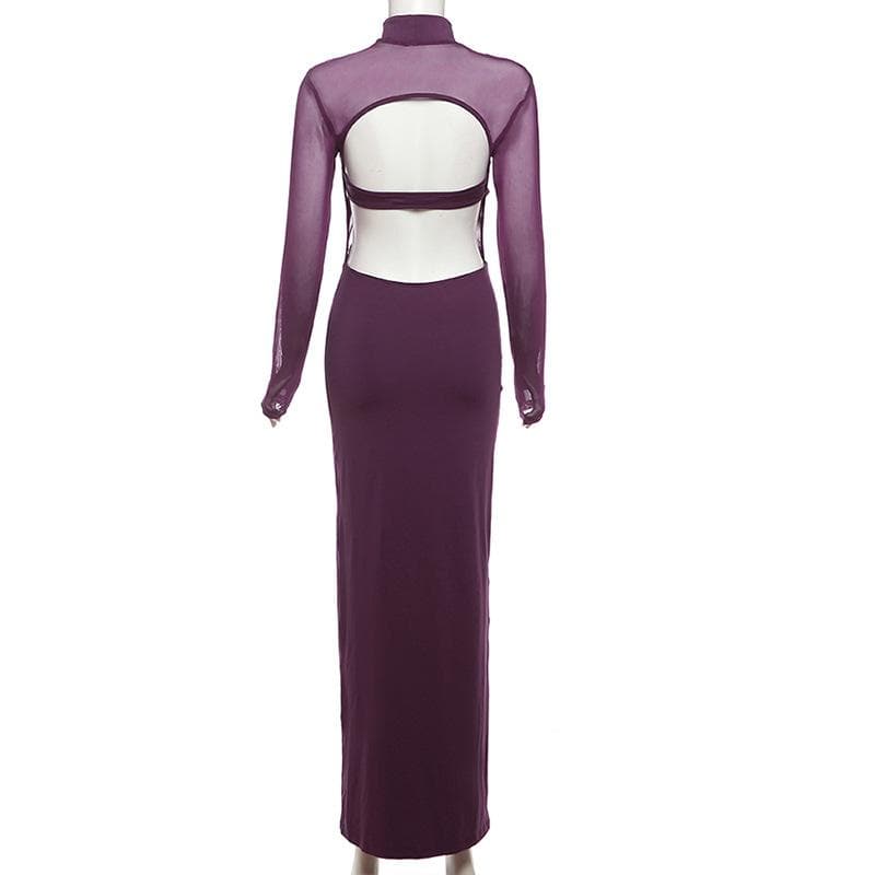 Long sleeve backless high neck patchwork mesh maxi dress