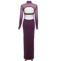 Long sleeve backless high neck patchwork mesh maxi dress
