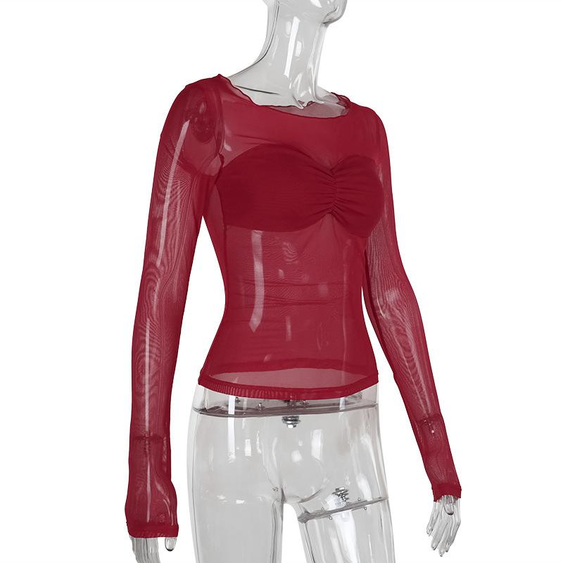 Long sleeve mesh ruched solid top