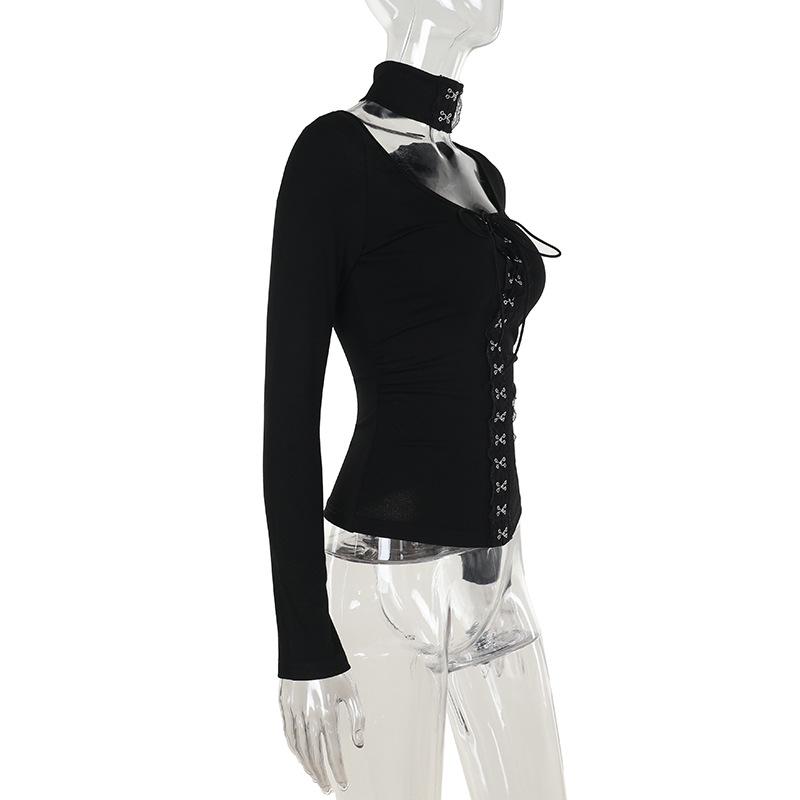 Halter long sleeve button self tie top