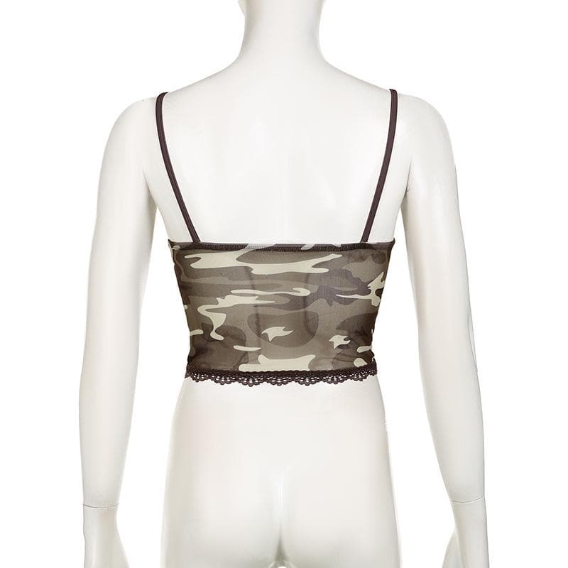 V neck mesh lace hem camouflage cami top