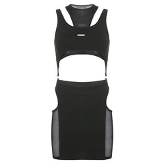 Mesh hollow out metal tag sleeveless 2 piece skirt set