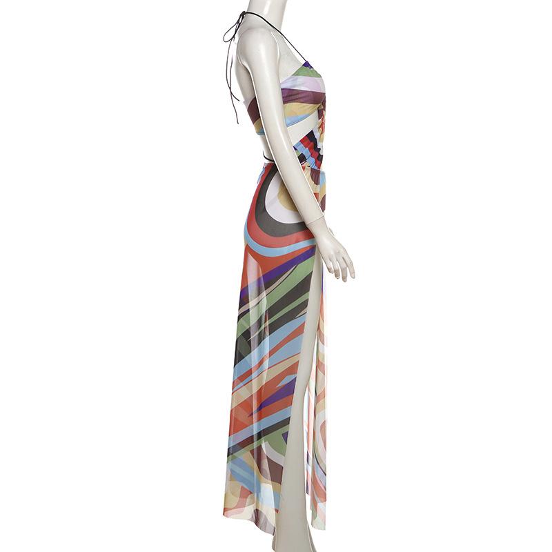 Halter print contrast high slit sheer mesh maxi dress  | samba dress