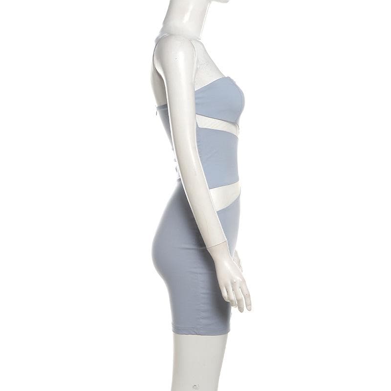 Sweetheart neck zip-up mesh patchwork tube mini dress