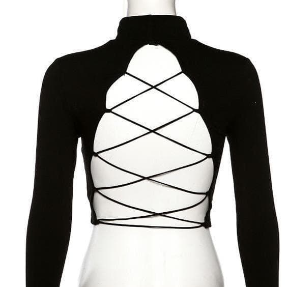 Lace up back long sleeve crop top
