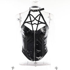 Halter PU leather zip-up backless corset buckle top
