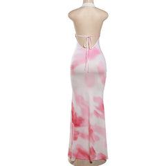 Halter lace deep v neck tie dye maxi dress  | red tango dress