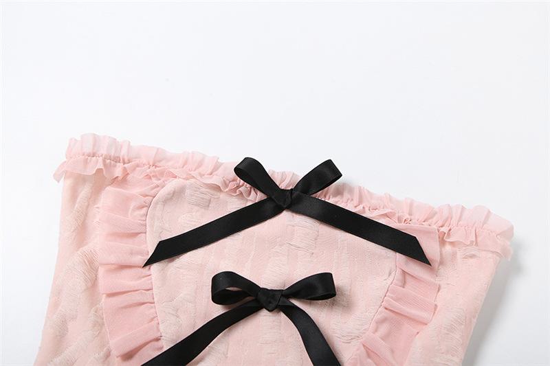 Heart pattern ruffle bowknot textured tube top
