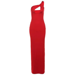 One shoulder ruched hollow out solid cami cut out maxi dress  | red tango dress