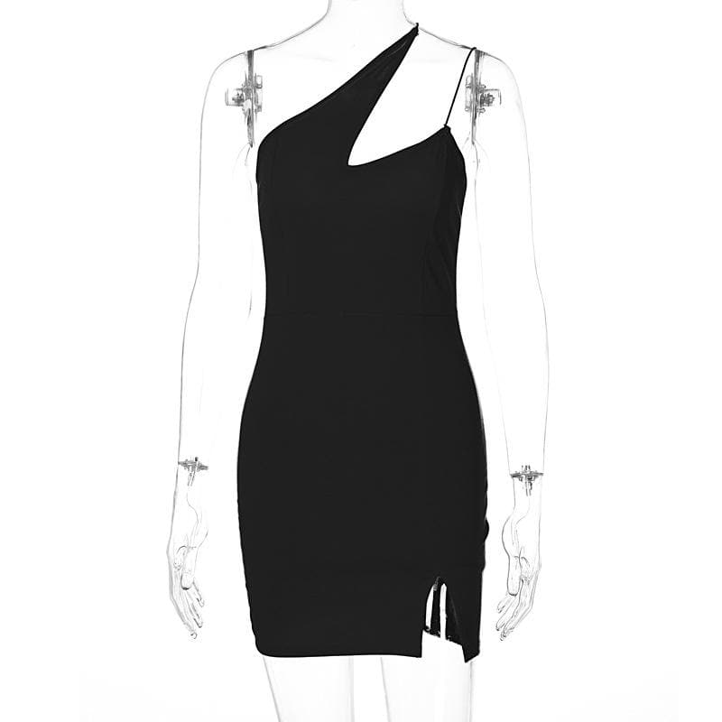 Hollow out slit solid sleeveless one shoulder backless mini dress  | red tango dress