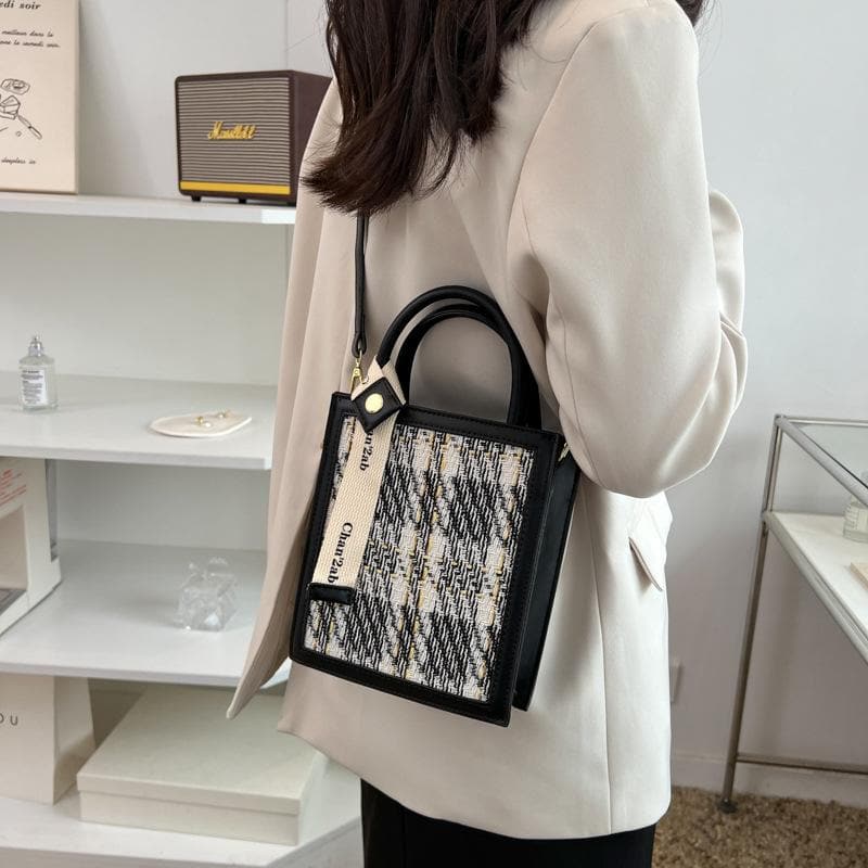 Knitted plaid contrast PU leather crossbody purses bag
