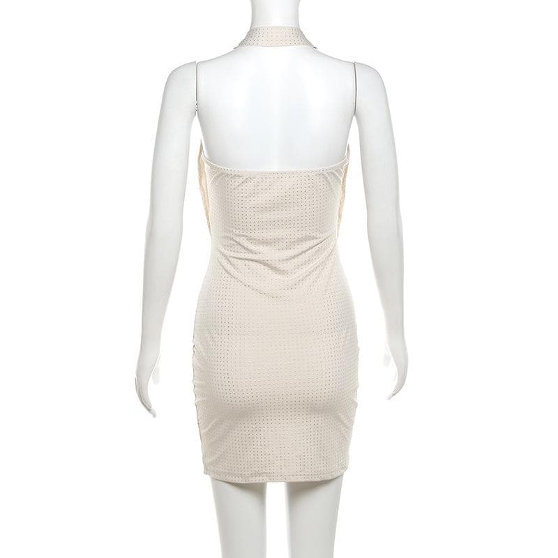 Halter cowl neck beaded low cut mini dress