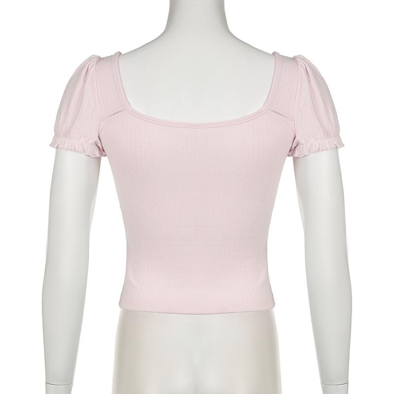Short puff sleeve ribbed bowknot ruffle top