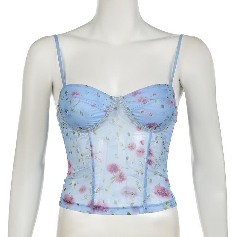 Mesh flower print stitch bustier lace hem cami top