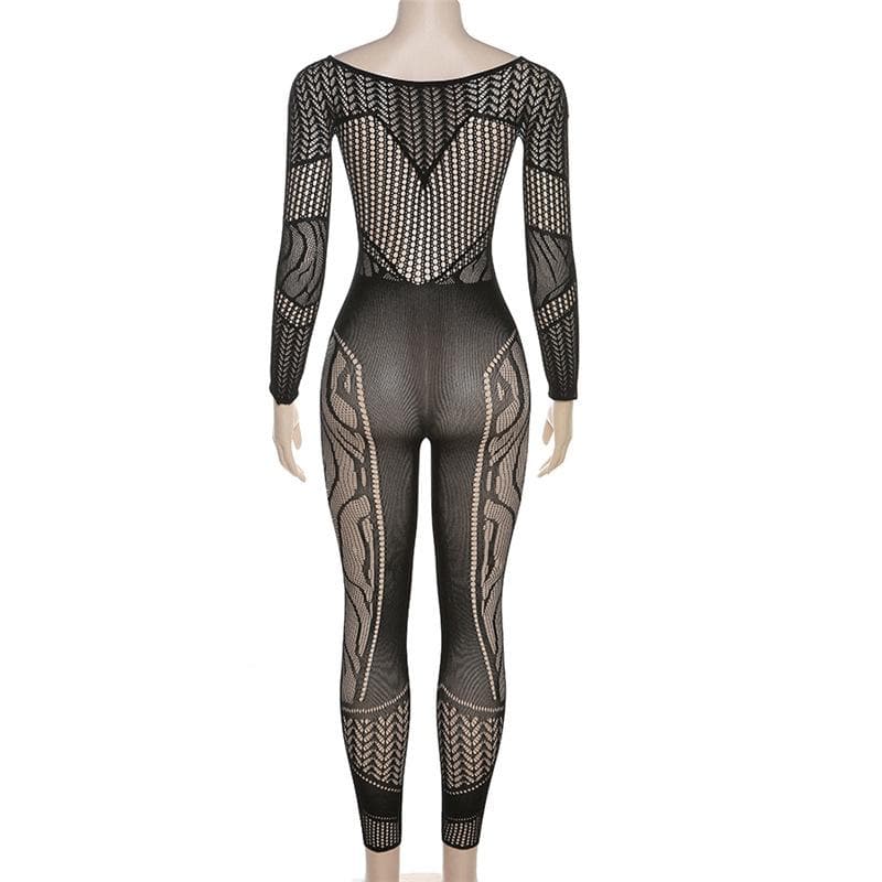 Long sleeve hollow out solid fishnet see through jumpsuit