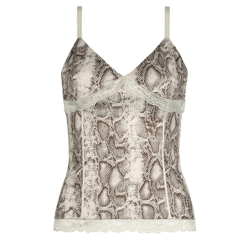 Snake print v neck lace hem cami top