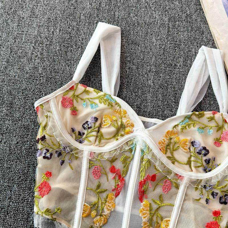 Flower embroidery bustier mesh cami top