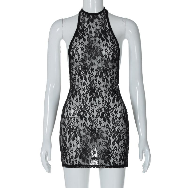 Lace see through halter backless solid mini dress  | red tango dress