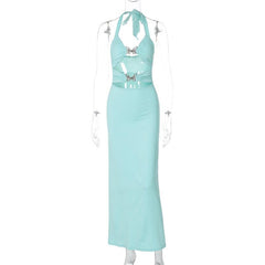 Halter metal butterfly hollow out maxi dress