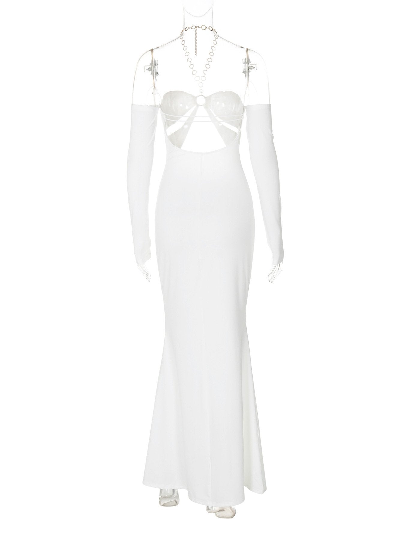 Off shoulder halter o ring hollow out metal chain maxi dress